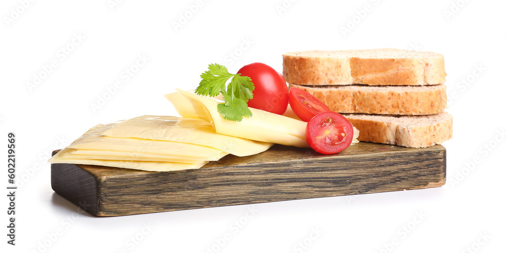 Board of tasty processed cheese with vegetables and bread on white background