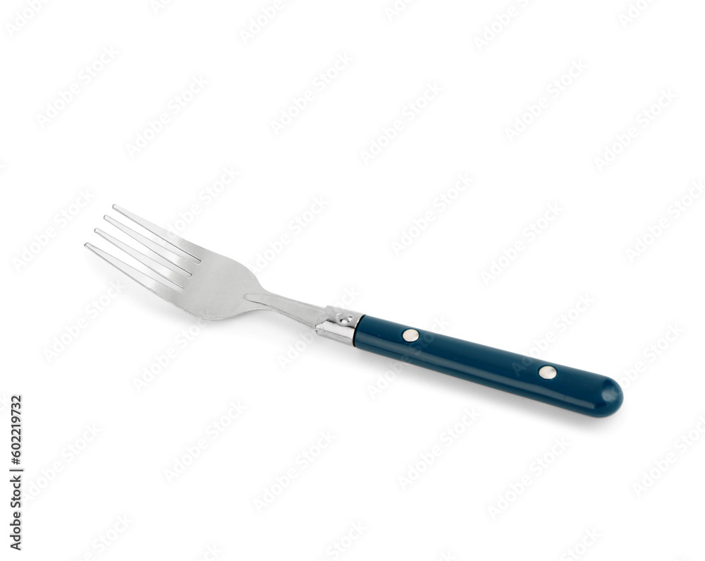 Silver fork with blue handle on white background