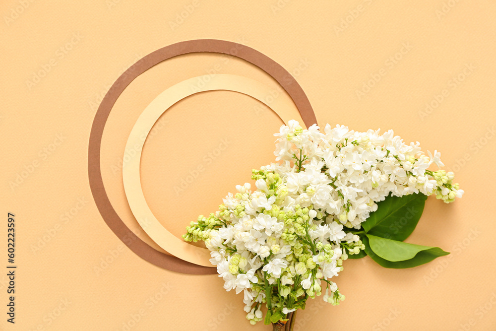 Blank frame and beautiful lilac flowers on pale orange background