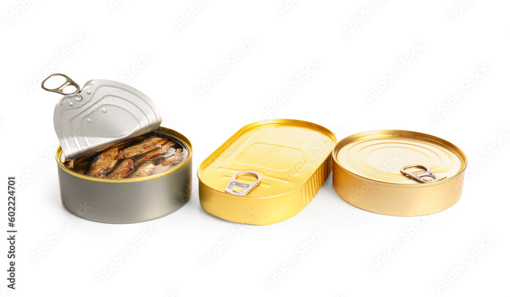 Canned smoked sprats on white background