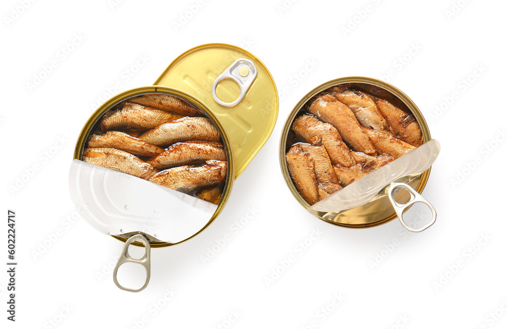 Canned smoked sprats on white background