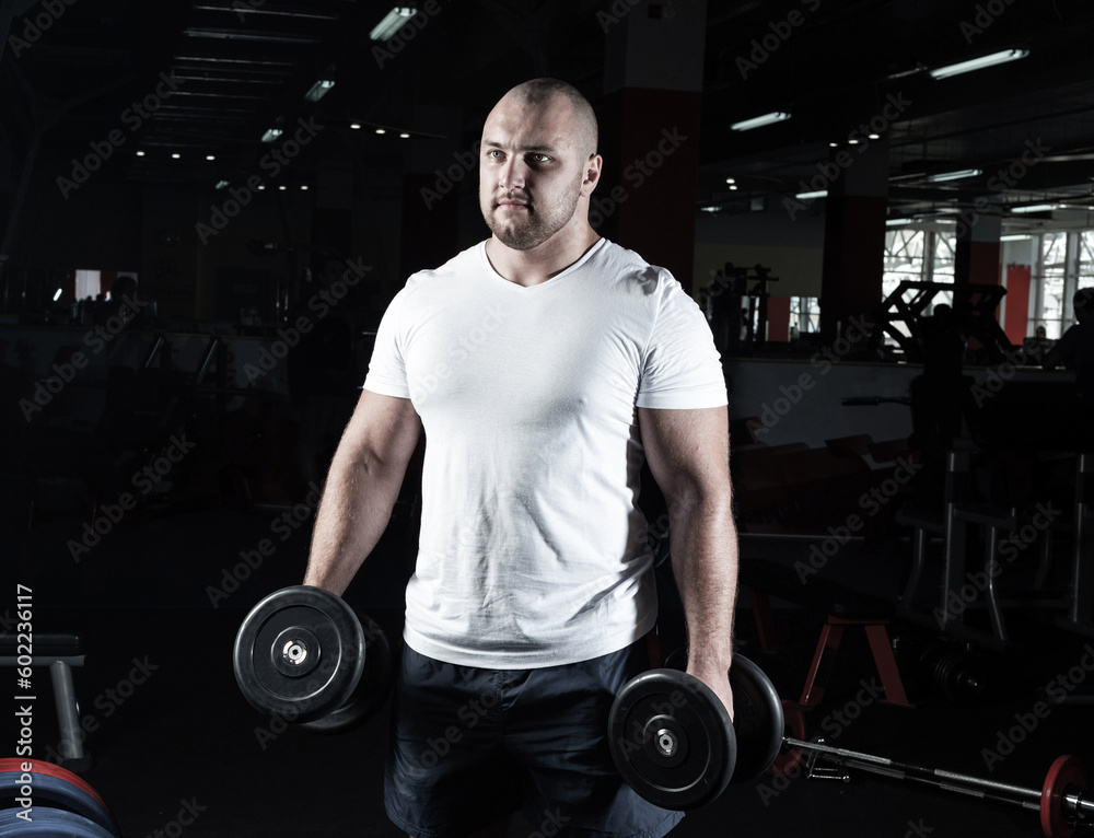 Male bodybuilder engaged with dumbbells in the gym