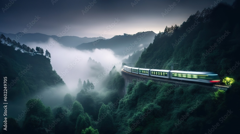 Speed passenger train moving in the mist mountains covered with forest. Generative AI