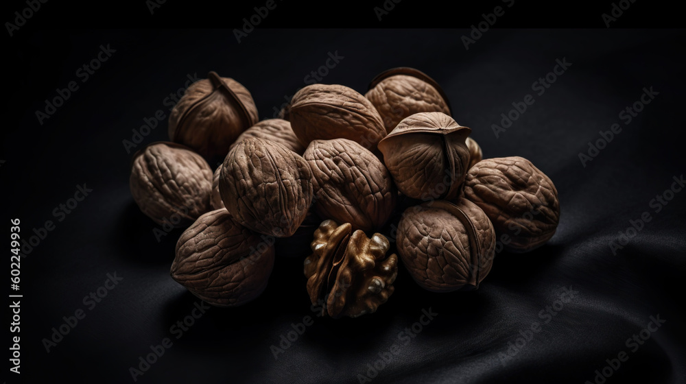 Walnuts with and without shells filling the view on dark background. Top view of fresh walnuts. Gene