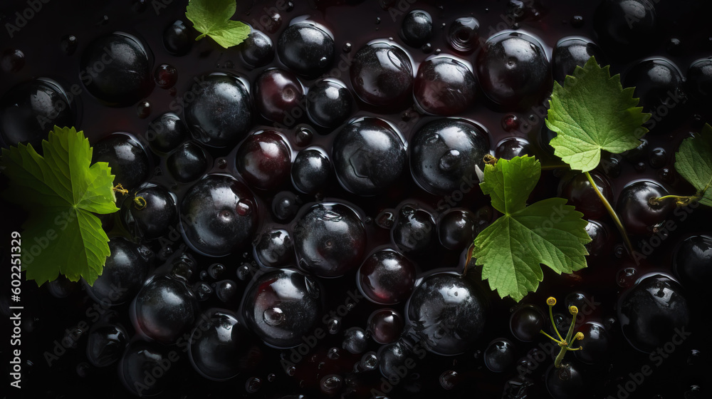 Fresh ripe blackcurrant with water drops background. Berries backdrop. Generative AI