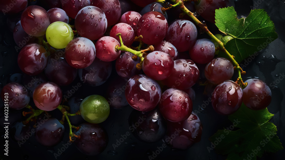 Fresh ripe grapes with water drops background. Berries backdrop. Generative AI