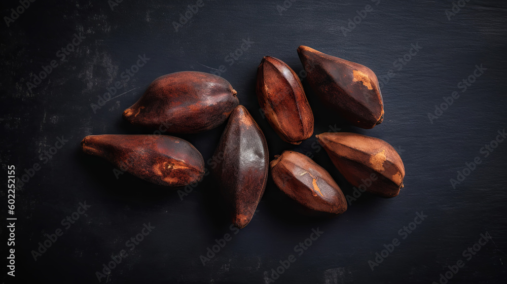 Dried Kola Nuts on dark background. Food backdrop. Generative AI