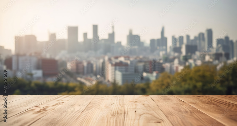 Wood table mockup with Singapore city street in shallow depth of field. Copy space for product. Gene