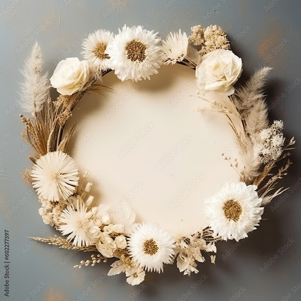 Square frame made of dried flowers, Autumn composition, cotton flowers, dried leaves on pastel gray 