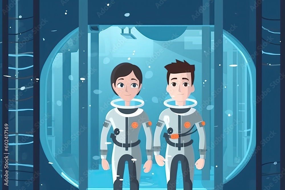 two astronauts in space suits standing in the doorway of a spacecraft Generative AI