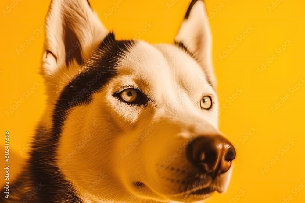 close up of a happy dogs face with a vibrant yellow background Generative AI