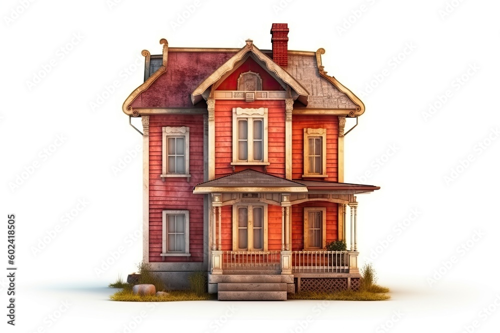 beautiful red house with a spacious porch and charming balconies Generative AI