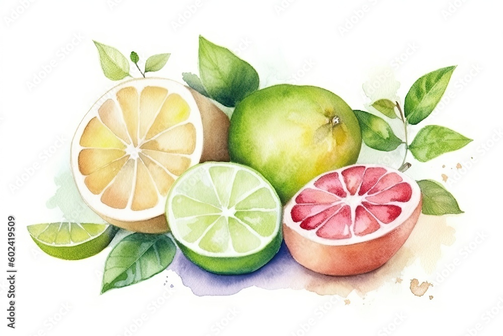 Citrus Fruit with Leaves in a Watercolor Paintin Generative AI