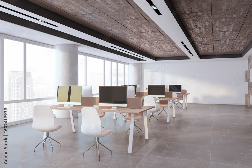 Luxury coworking office interior with furniture, equipment and other objects in daylight. 3D Renderi