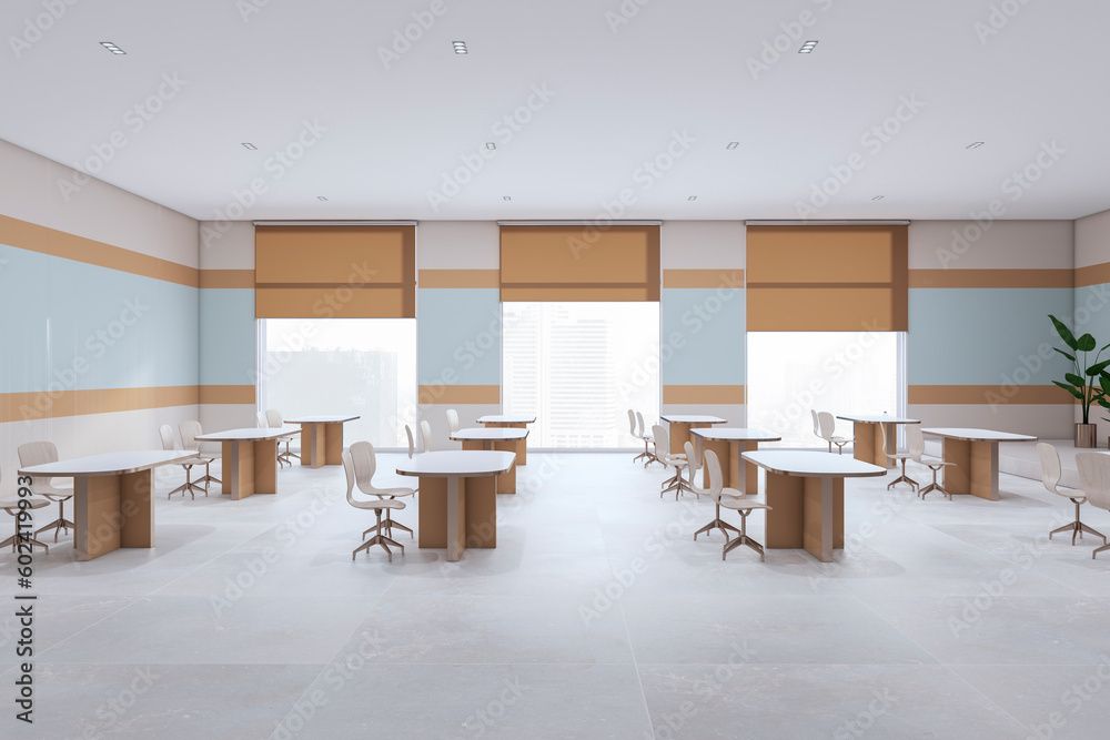 Modern school classroom interior with desks and window with city view. Education and auditorium conc