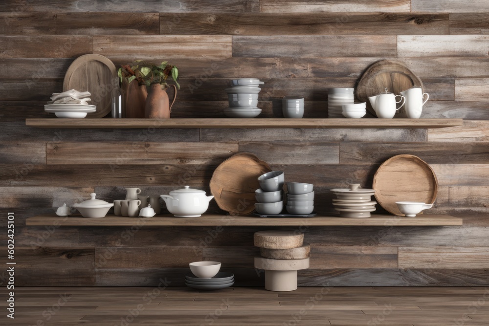 wooden shelf filled with dishes and cups Generative AI