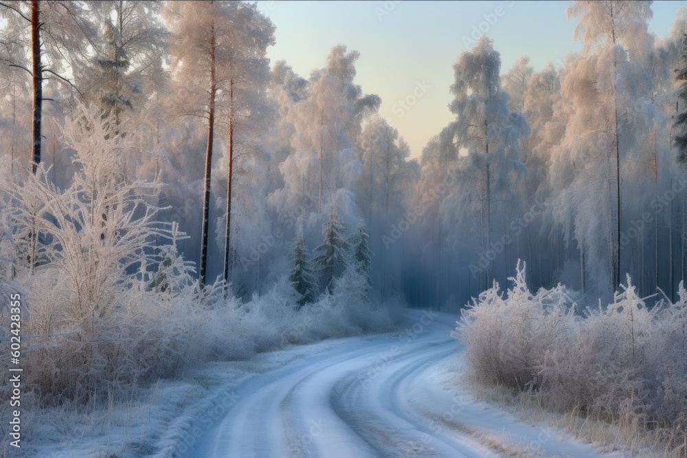 winter wonderland with a serene snow-covered road surrounded by trees in a peaceful forest Generativ