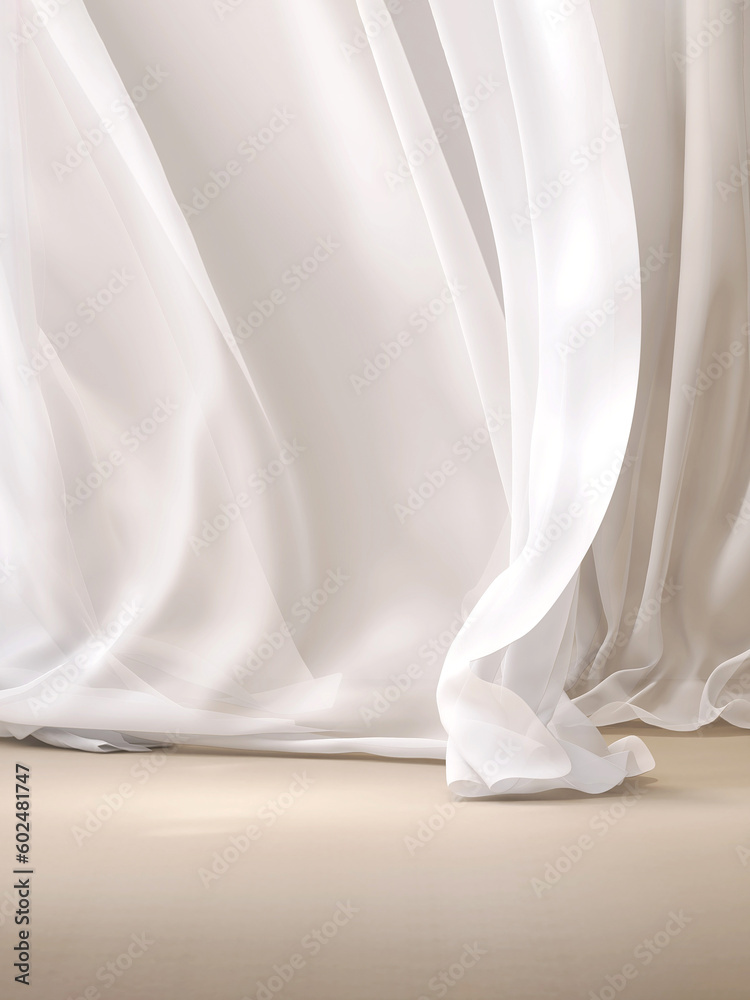 Soothing, mesmerizing wavy harmony movement of layer of blowing white, beige silky smooth sheer fabr