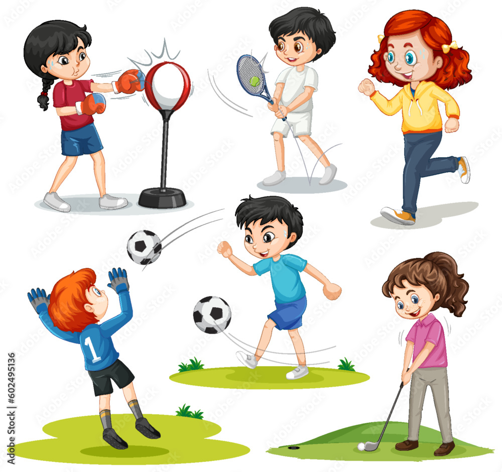 Set of kids playing different sports