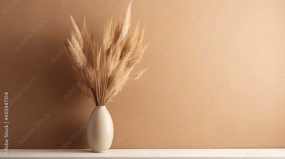 Vase with decorative dry plant branch against beige wall background. Minimalist interior mockup. Gen