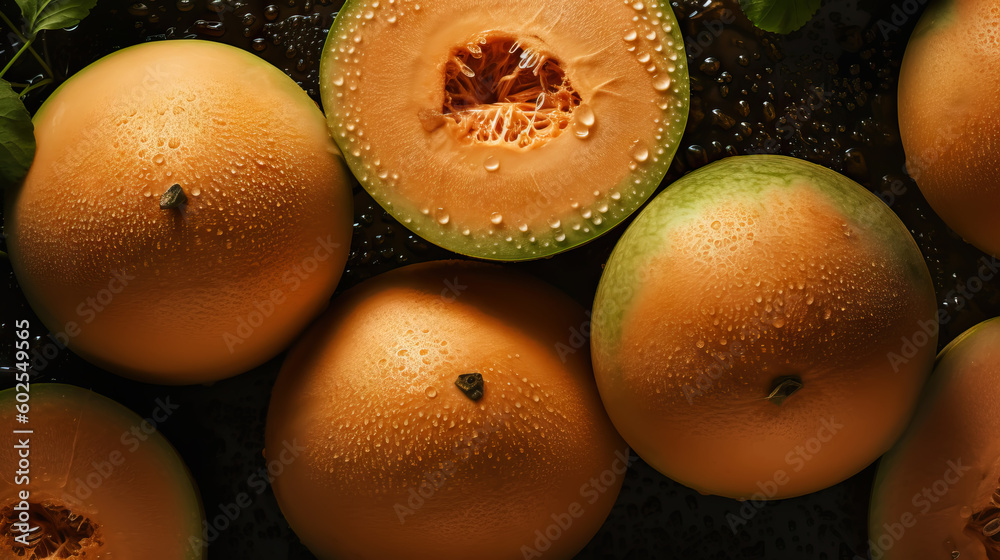 Fresh ripe cantaloupes with water drops background. Fruits backdrop. Generative AI