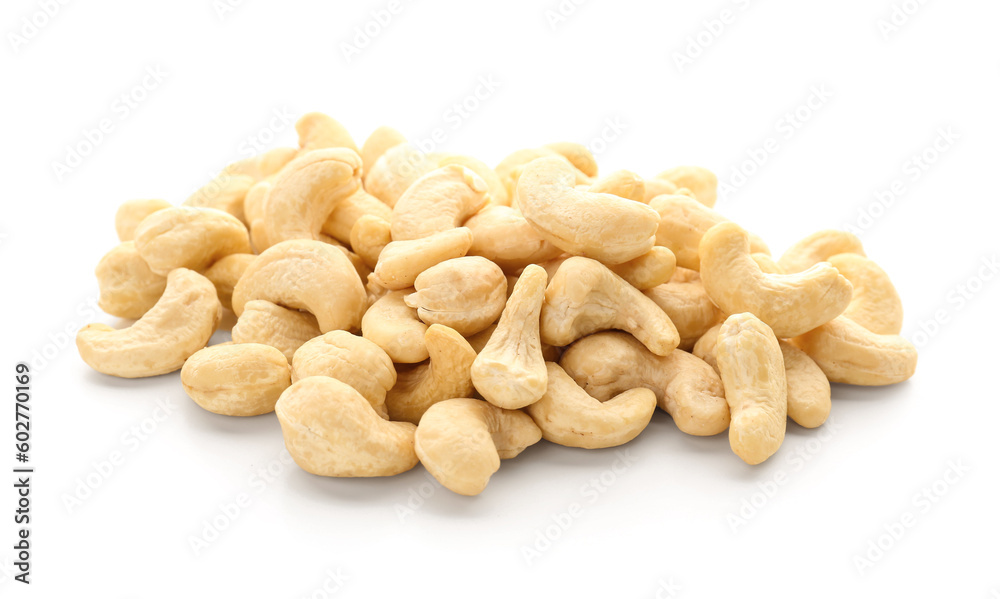 Heap of tasty cashew nuts isolated on white background