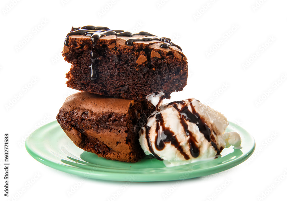 Plate with pieces of tasty chocolate brownie and ice cream on white background