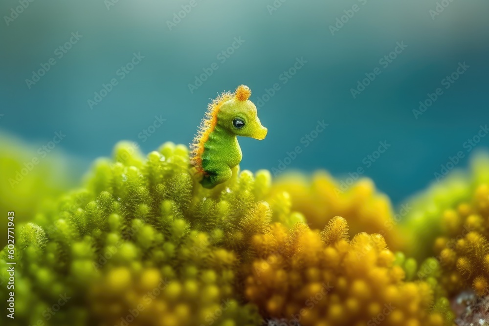 miniature seahorse perched on a vibrant green coral Generative AI