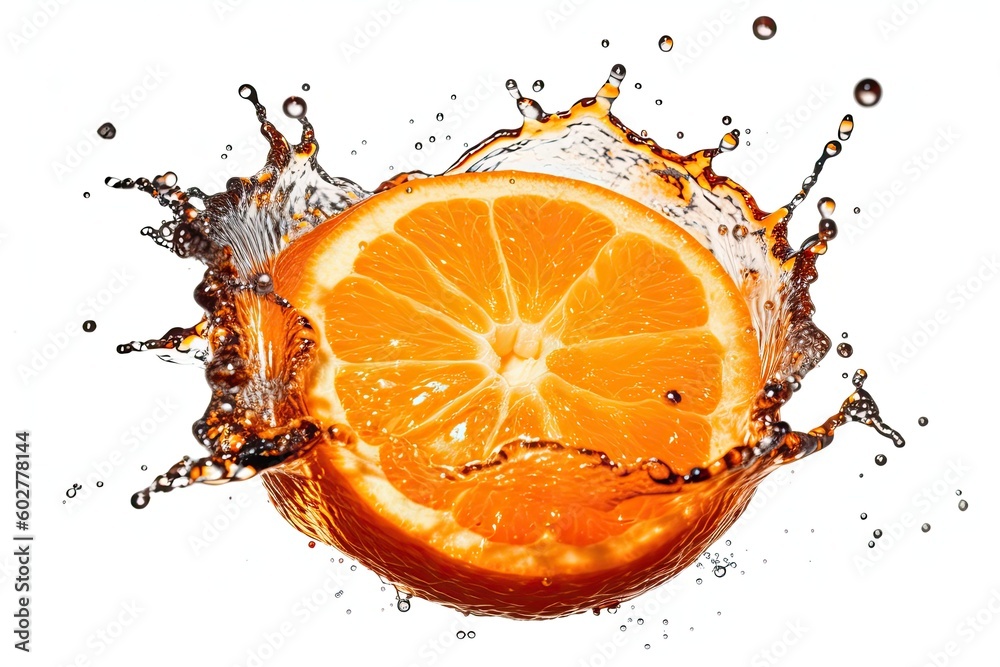 an orange fruit with water droplets splashing on it Generative AI