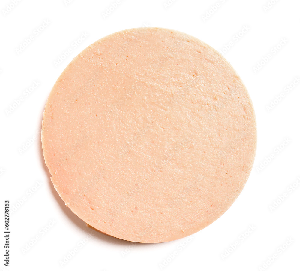 Slice of tasty boiled sausage on white background