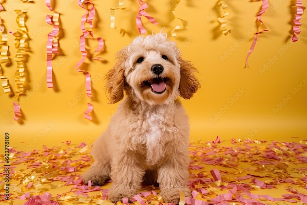 dog sitting on a bed of pink and gold confetti Generative AI