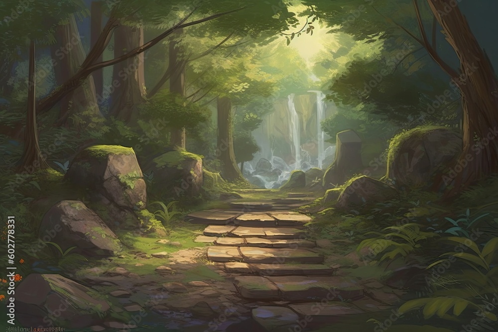 serene path winding through a lush forest Generative AI