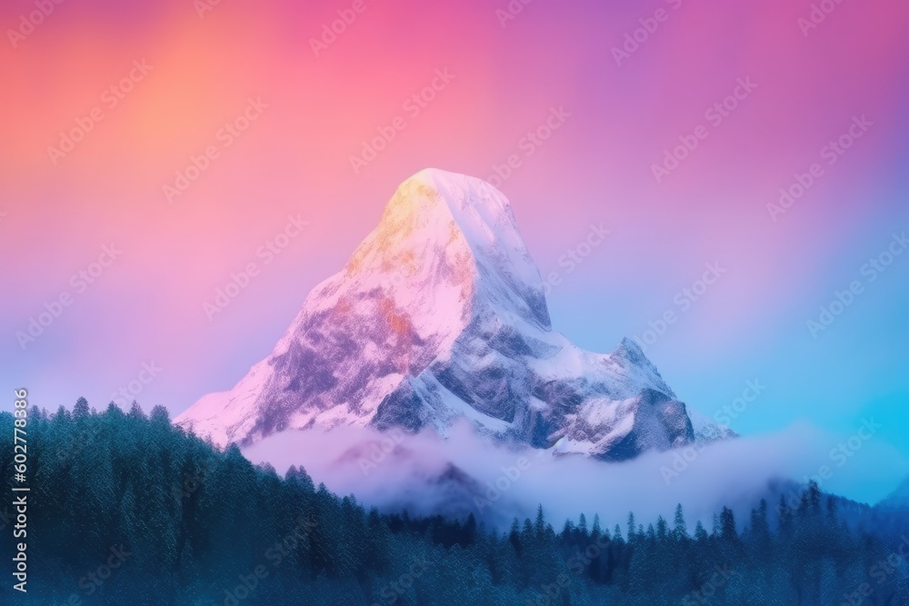 winter landscape with snow-capped mountain and trees in the foreground Generative AI