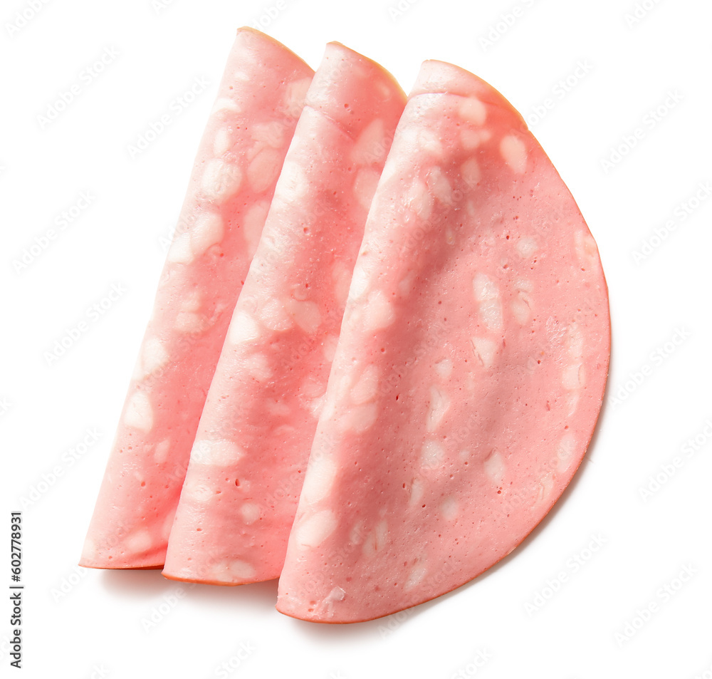 Slices of tasty boiled sausage on white background