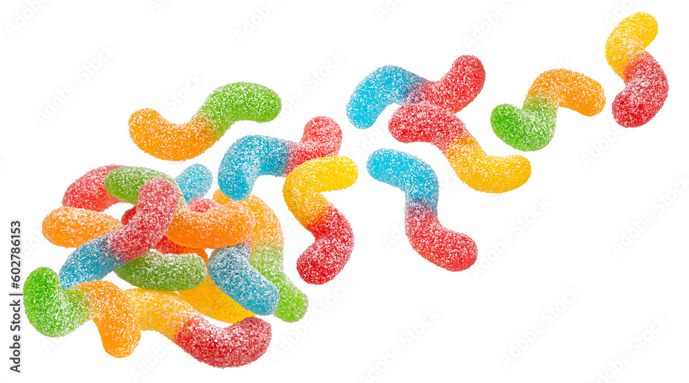 Sour gummy worms isolated on white background, full depth of field