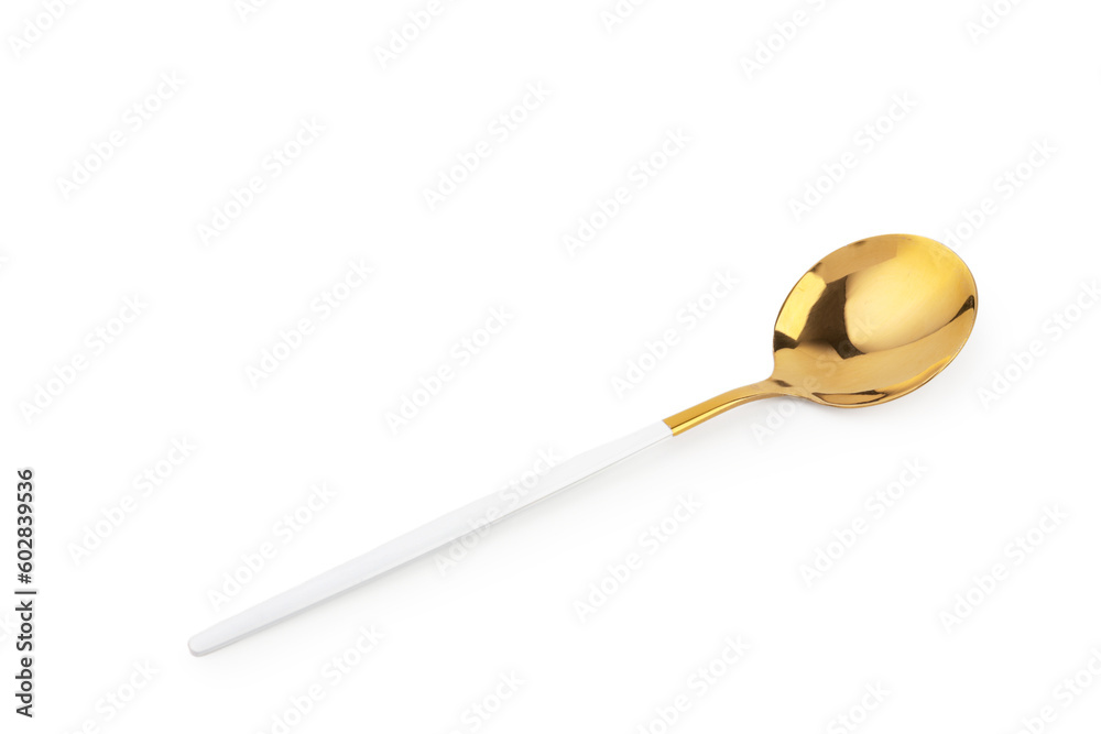 Golden spoon on white background