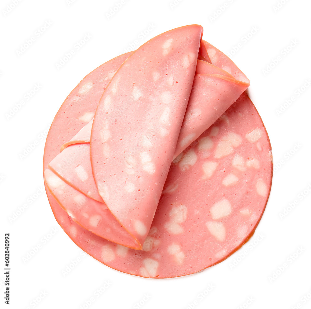 Slices of tasty boiled sausage on white background