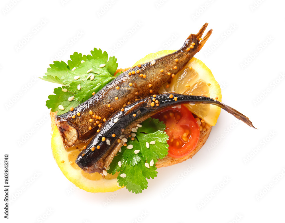 Tasty sandwich with canned smoked sprats on white background