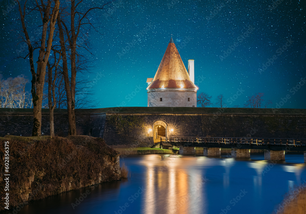 Kuressaare, Saaremaa Island, Estonia. Episcopal Castle In Evening Blue Hour Night. Traditional Medie