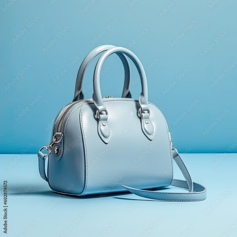 Beautiful elegance and luxury fashion women and blue leather handbag isolated on blue background,Blu