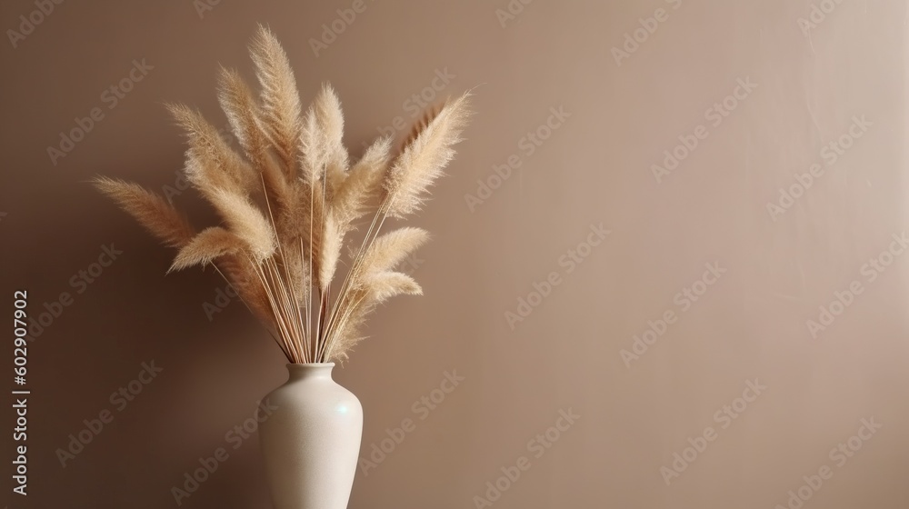 Vase with decorative dry plant branch against beige wall background. Minimalist interior mockup. Gen