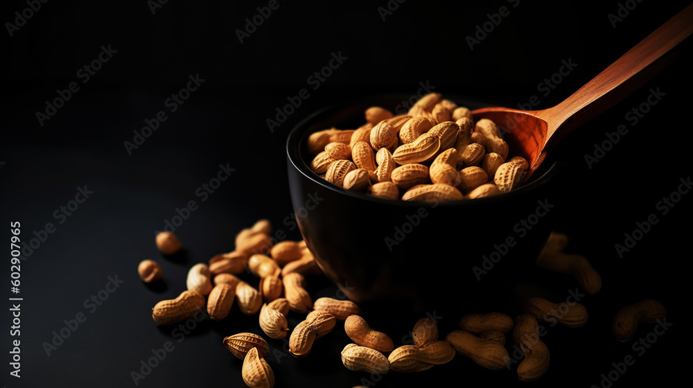 Many roasted peanuts in bowl on background. Food Backdrop. Generative AI