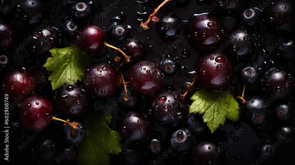 Fresh ripe blackcurrant with water drops background. Berries backdrop. Generative AI