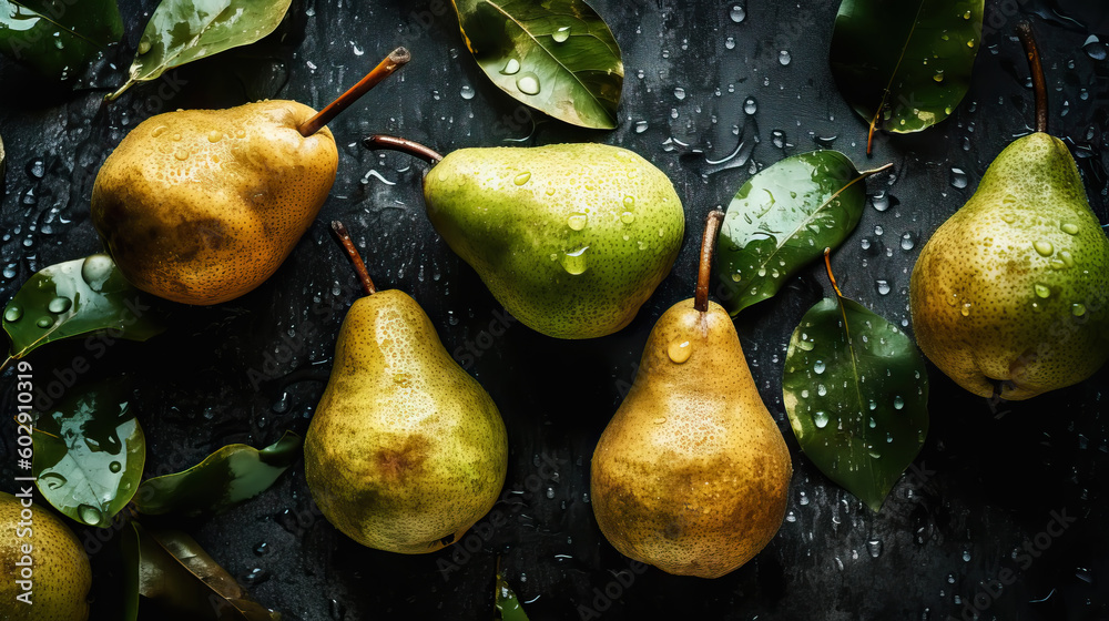 Fresh ripe pears with water drops background. Fruits backdrop. Generative AI