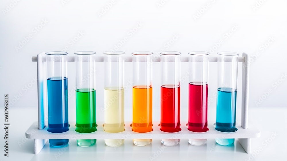 A colorful test tubes on a laboratory bench on white background. Generative AI.