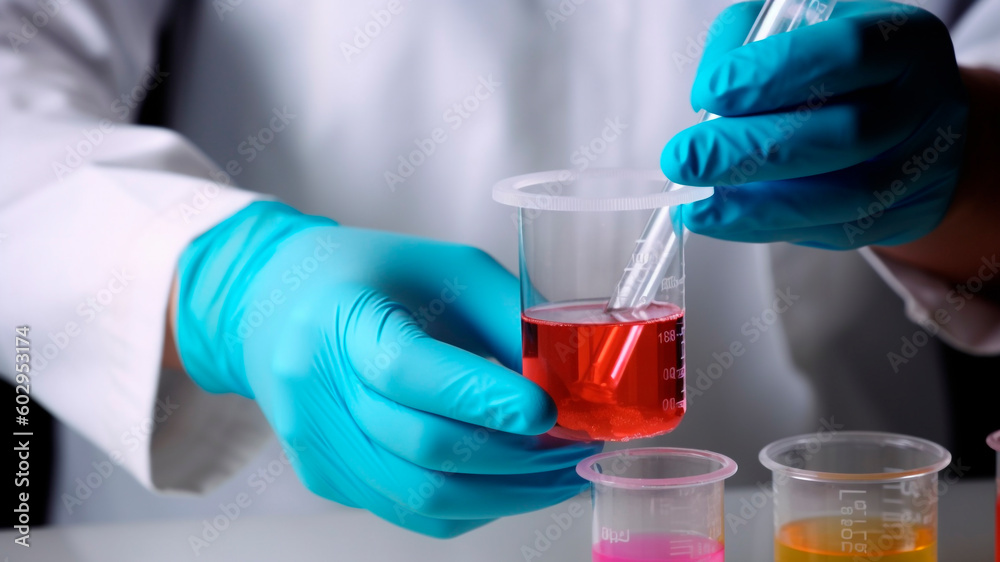 Close-up of scientist hands carefully mixing a solution in a beaker on a laboratory bench. Generativ