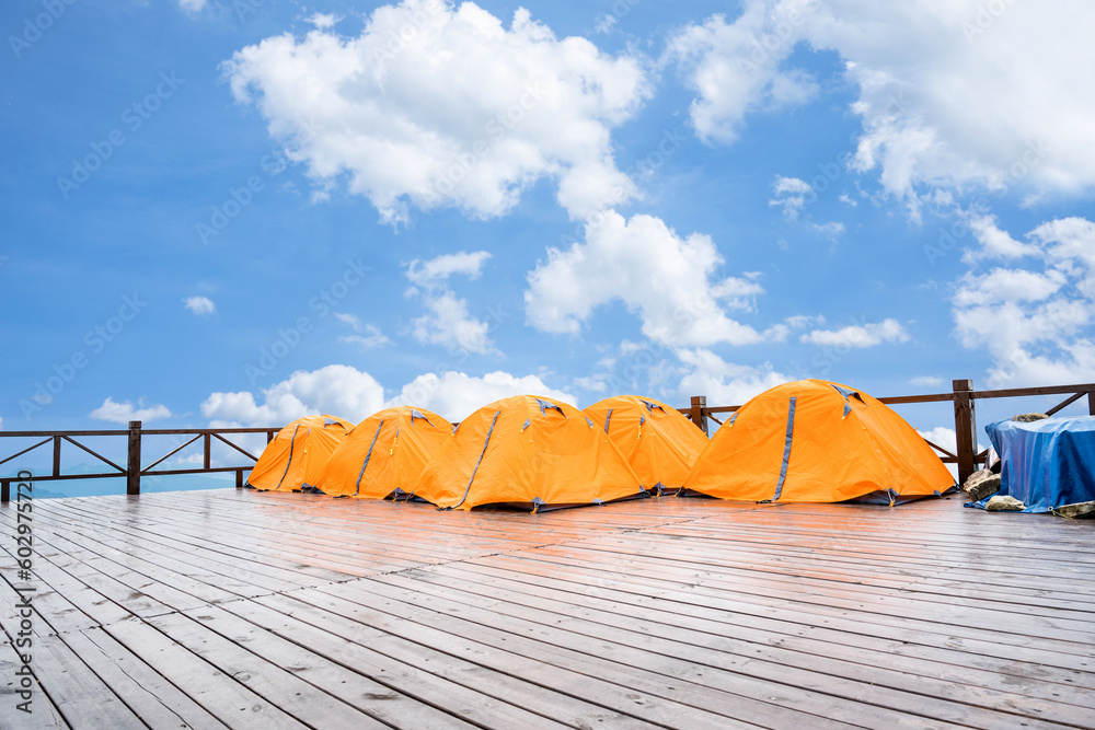 Wugong Mountain, Pingxiang, China, camping tents under blue sky