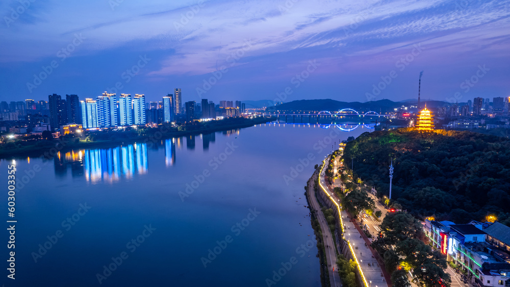 Night scene on both sides of the Xiangjiang River in Zhuzhou, China