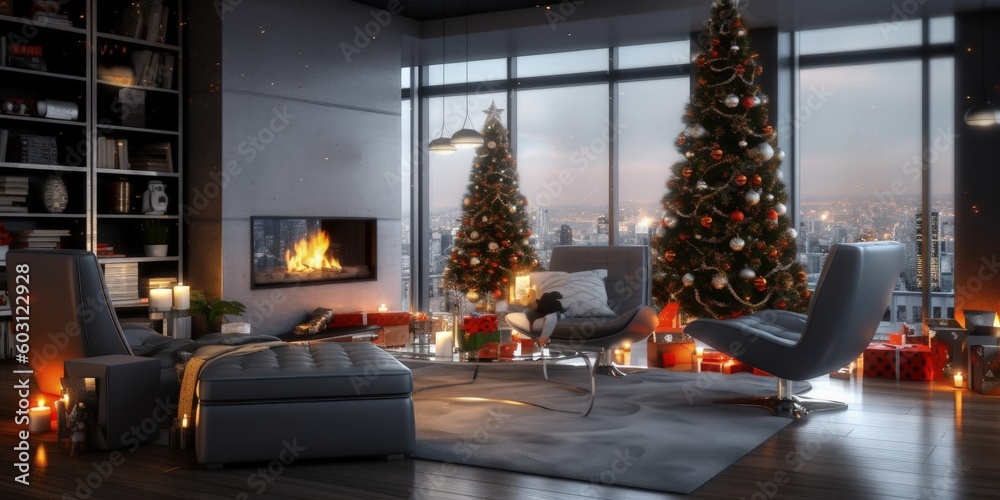 Modern living room with Christmas decoration. Illustration AI Generative.