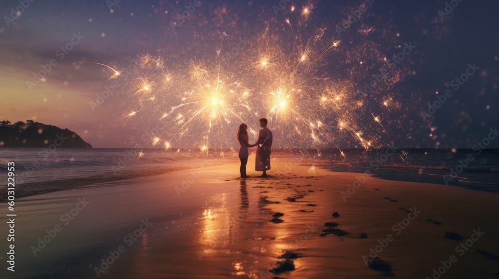 Couple watching fireworks. Illustration AI Generative.